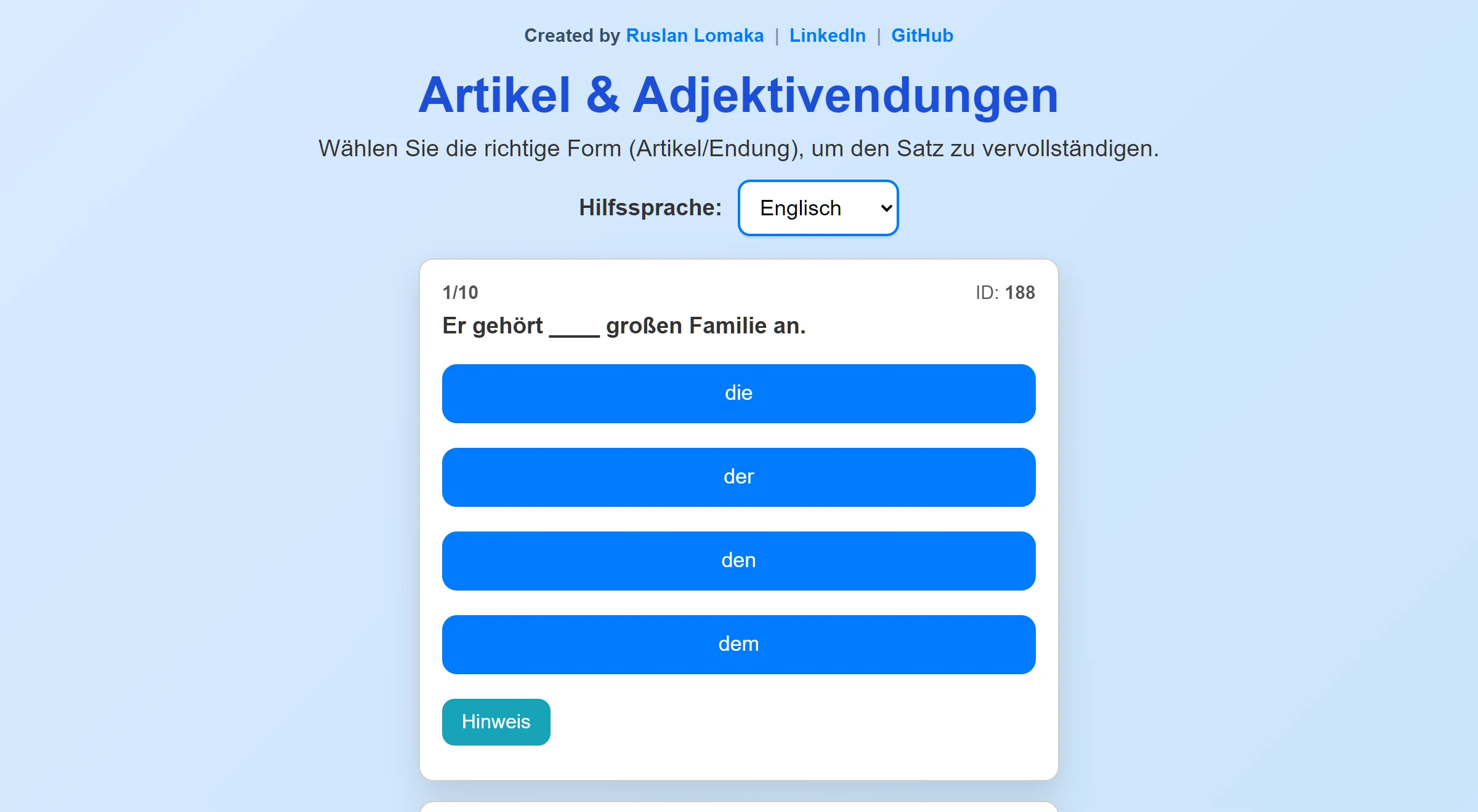 Adjektivendungen showing a loaded sentence exercise with four answer options