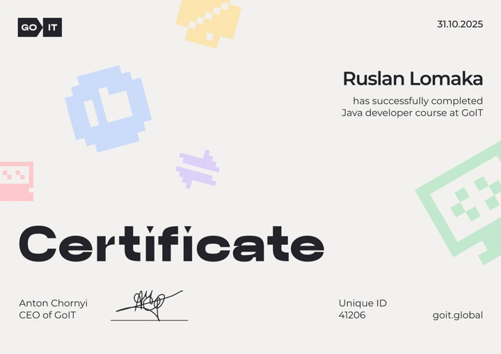 Preview of the GoIT Java Developer certificate