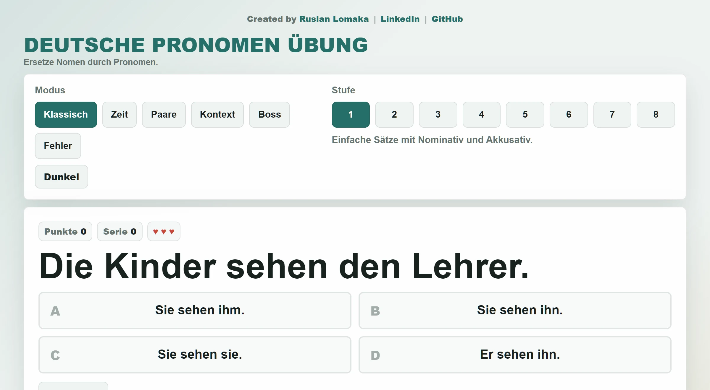 Deutsche Pronomen showing a sentence and four pronoun choices