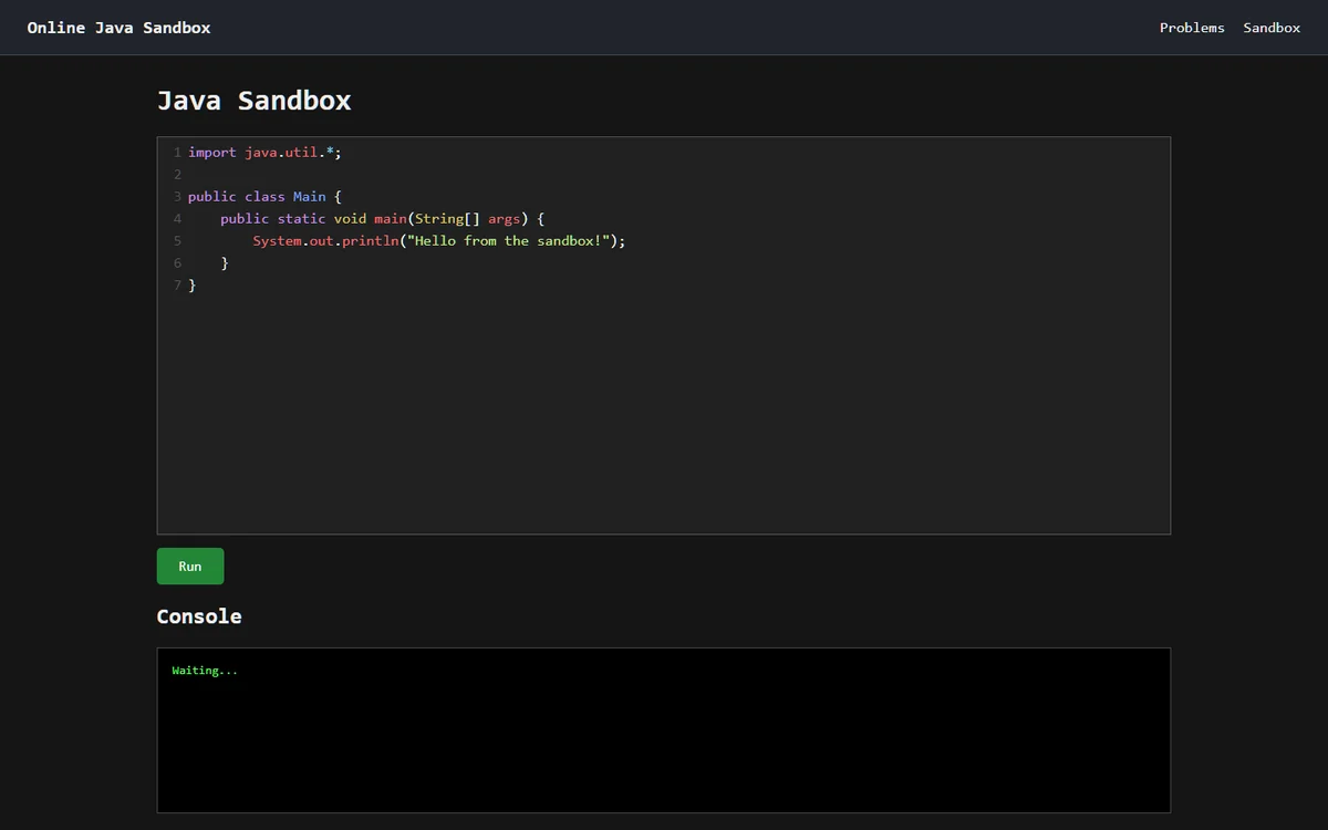 Online Java Sandbox development-mode editor interface