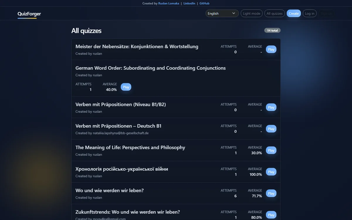 QuizForger quiz browser interface