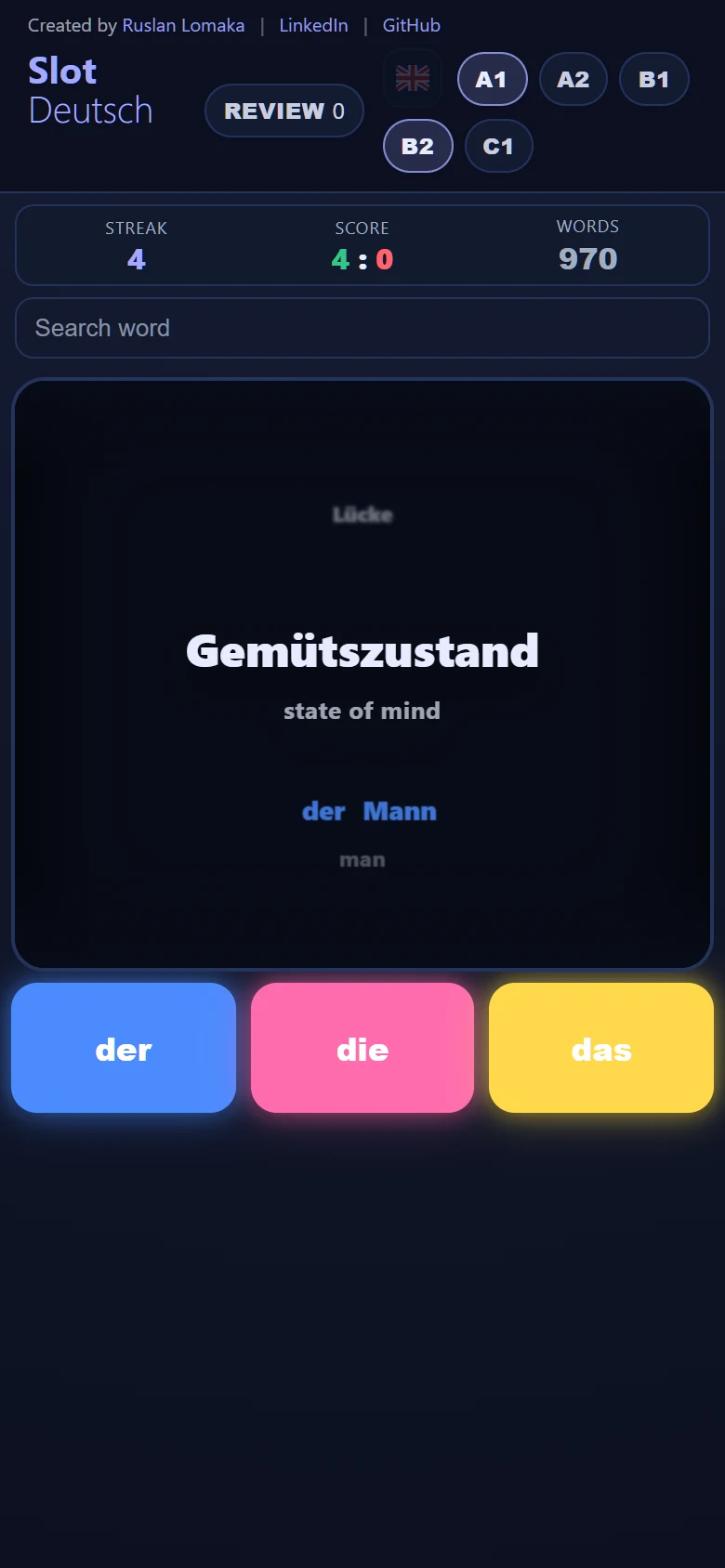 Slot Deutsch in English with B2 selected, a 4:0 score, Gemütszustand translated as state of mind, and the previous word Mann